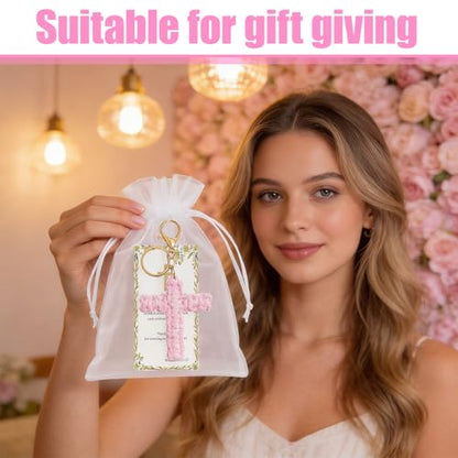 6 Set Cross Keychains, Christian Religious Keychains Bulk With Cards Organza Bags, Communion & Confirmation Presents - color: Pink