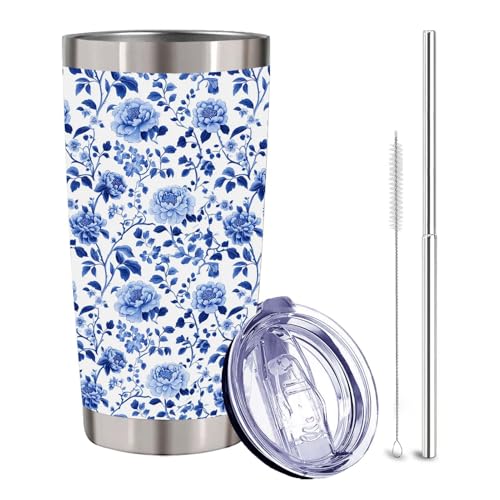 Blue and White Chinoiserie Floral Tumbler 20 oz, Peony Insulated Stainless Steel Cup with Lid and Straw, Botanical Travel Coffee Mug, Gifts for Women Mom, Flower Lovers - color: Blue Floral