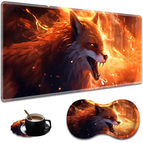 Ergonomic Flame Fox Extended Mouse Pad 31.5" x 11.8" Set, with Wrist Rest & Lace Coasters, Pain Relief Design, Non-Slip Desk Mat for Home & Gaming - color: Flame Fox