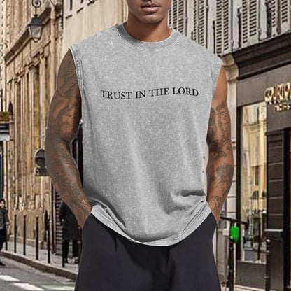 Mens Christian Tank Tops Trust in The Lord God Jesus Religious Faith Bible Verse Shirts Graphic Acid Wash Gym Tees - color: Light Gray, size: Medium