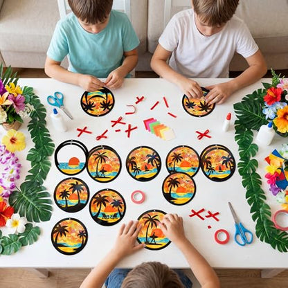 Renbuzhu 48PCS Summer Crafts: Paper Tropical Palm Tree Suncatchers DIY Kits, Window Stained Glass Effect Art Supplies for Hawaiian Luau Tiki Beach Party Favors - style: palm tree