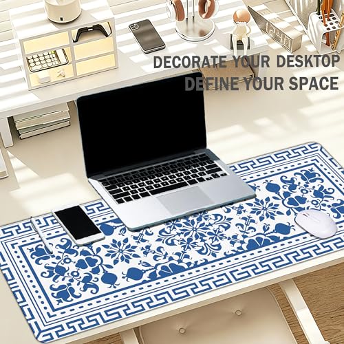 Blue Flroal Desk Mat, Blue and White Mouse Pad for Desktop 31.5x11.8 - color: Blue and White Chinoiserie, size: 31.5L x 11.8W inches