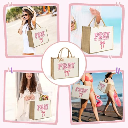 KongMoTree Christian Tote Bags, Coquette Bow Bag with Floral Christians Gifts for Mom, Wife, Sisters, Best Friends - color: Pray on It Over It Through It Pink