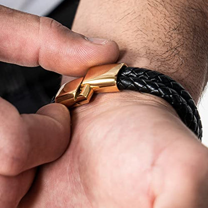 SERASAR Men's Leather Bracelet with Stainless Steel Magnetic Clasp - color: Gold, size: 23cm, style: Double