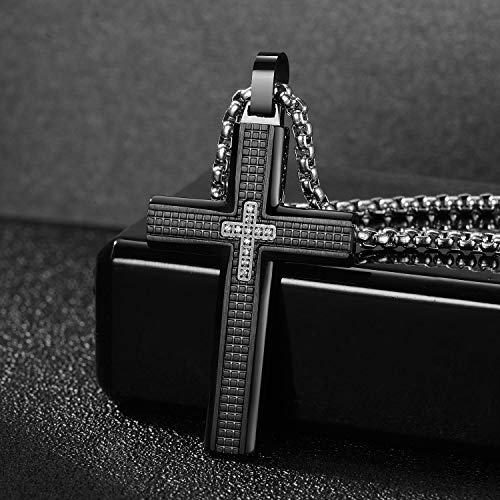 Men's Stainless Steel Cross Necklace,Two-Tone Black & Blue Carbon Fiber Pendant - Included Gift Box - style: Black XL002