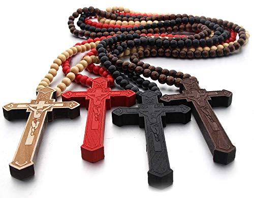 FORUBUS Wooden Cross Pendant Necklace - Wood Beads Cross Religion Necklace for Women Men Believer Prayer Baptism Jewelry - color: C red