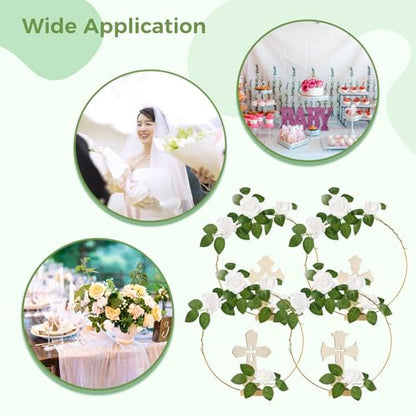 48 Pcs Baptism Centerpieces for Tables - Baptism Table Decorations - 12 Wood Crosses, 12 Metal Floral Hoops with Stands, and 24 Foam Roses - Garland Strands Kit for Baptism Party, Wedding Decor