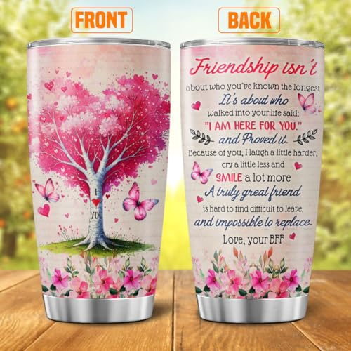 Best Friend Quote Travel Mug, 20oz Insulated Stainless Steel Tumbler with Tree and Butterfly Design, Meaningful Gift for BFF Birthday, Christmas, Graduation, Appreciation - color: Best Friend 14