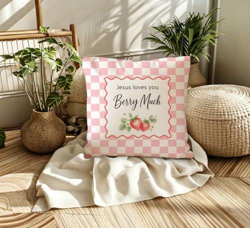 Pink Preppy Checkered Christian Strawberry Pillow Cover 18x18 Decor - color: Berry