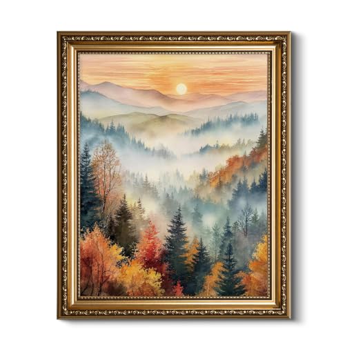 HUARCEY Vintage Gold Framed Mountain Landscape Canvas Wall Art - color: Autumn Mountain Sunrise, size: 16"L x 13"W