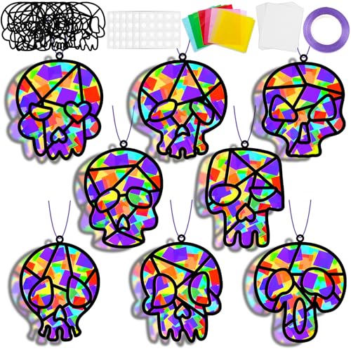 Lonfliness 32 Sets Sugar Skull Suncatchers Crafts Kit DIY Day of The Dead Window Stained Glass Effect Paper Halloween Dia de Los Muertos Easter Art Craft Creative Activity Project Gift Favor - style: Halloween Skull