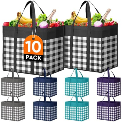 Reusable Grocery Shopping Bags 10 Pack Large Foldable Tote Bags Bulk - color: Plaid: Black,grey,blue,cyan,purple