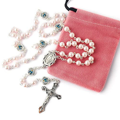 HanlinCC Catholic Miraculous Rosary Glass Pearl Beads Pray Card & Gift Bag - color: Pink
