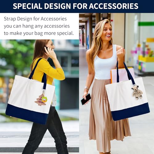 6-Pack Canvas Tote Bags with Zipper, Large Grocery Tote, Navy Blue - color: Navy Blue/White