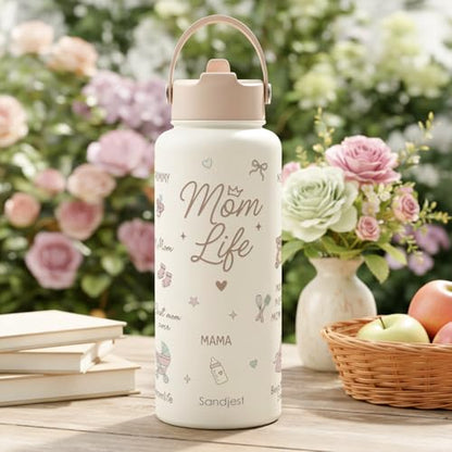 SANDJEST Gift for Mom, Mom Life Water Bottle Stainless Steel 32oz with Lid & Straw, Insulated Bottles Gifts for Mother Friends Women Mother's Day - color: Mom 3