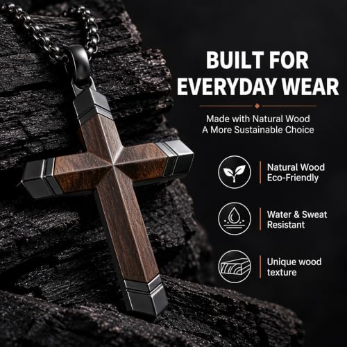 Wooden Cross Necklace for Men with Stainless Steel Adjustable Chain 24-26in, Christian Wood Crucifix Pendant Gift for Him - style: Philippians 4:13