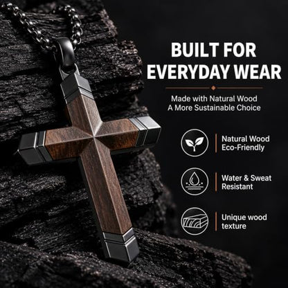 Wooden Cross Necklace for Men with Stainless Steel Adjustable Chain 24-26in, Christian Wood Crucifix Pendant Gift for Him - style: Philippians 4:13