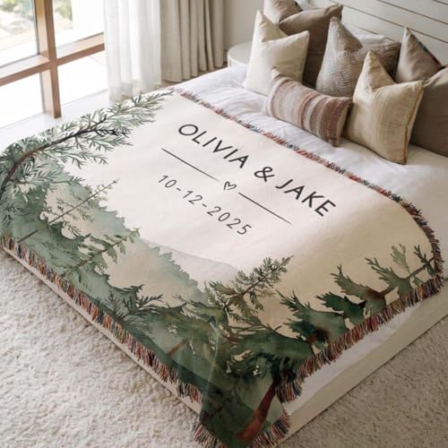 Personalized Couples Mountain Blanket - Custom Name Forest Wedding Engagement Gift - Soft Cotton Anniversary Camping Throw - Cozy Cabin Decor for Nature Lovers - color: A3