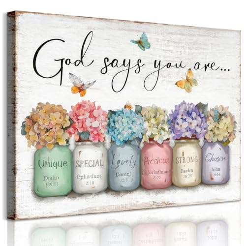 Inspirational Bible Verse Wall Art God Says You Are Sayings Wall Decort Christian Gift Quotes Painting scripture Pictures Print Flowers in Mason Jar Poster for Women Girls Bedroom(16x12 Canvas) - color: yellow-canvas, size: 16"L x 12"W