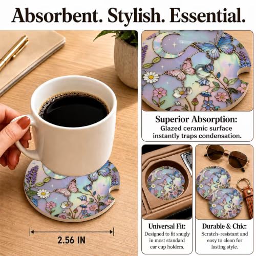 Butterflies Stained Glass Car Coasters, Dreamy Moom Floral Cup Holders, 24 - color: Butterflies Stained Glass