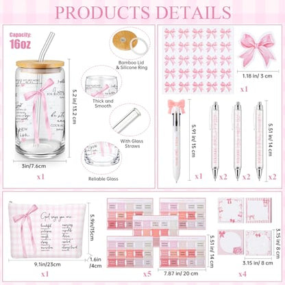 Watersay 64 Pcs Coquette Pink Bow Gift for Women Christian Pink Bow Birthday Gifts Baskets 16 oz Tumblers Preppy Makeup Bag Multicolor Ballpoint Pen Sticky Notes Stickers for Her Friends Sisters - style: Pink Bow