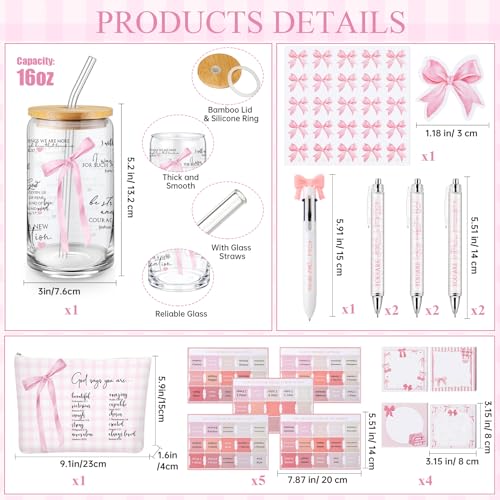 Watersay 64 Pcs Coquette Pink Bow Gift for Women Christian Pink Bow Birthday Gifts Baskets 16 oz Tumblers Preppy Makeup Bag Multicolor Ballpoint Pen Sticky Notes Stickers for Her Friends Sisters - style: Pink Bow