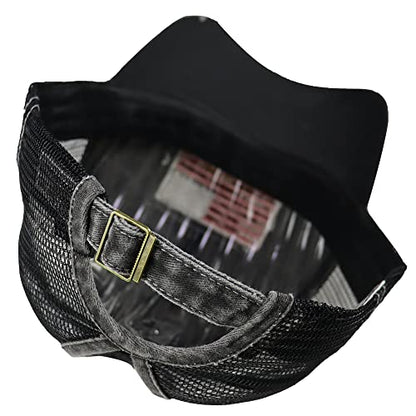 Women American Flag Ponytail Hat, Embroidery Adjustable Washed Distressed Messy Bun Baseball Cap … - color: Mesh Black