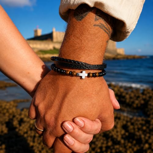 WFJ Men’s Christian Cross Bracelet Genuine Leather Multilayer with Tiger Eye & Black Beads Protection - size: Medium