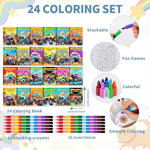 BenLouis 24 Monster Truck Mini Coloring Books with 24 Crayons for Kids Bulk - style: Monster Truck