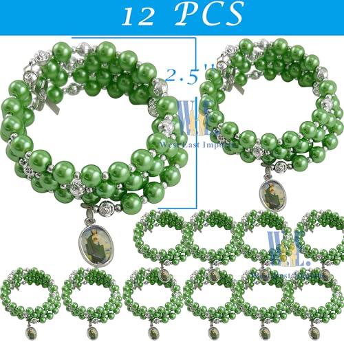 12 pcs Religious Wrap Rosary Bracelet, Green Beads with Cross and St. Jude Medal Charm, Memorial Prayer Favor - color: JA175S-grn