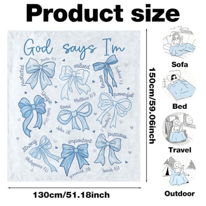 Blue Bow Christian Throw Blanket, Religious Flannel Blanket Gifts - color: Blue Bow
