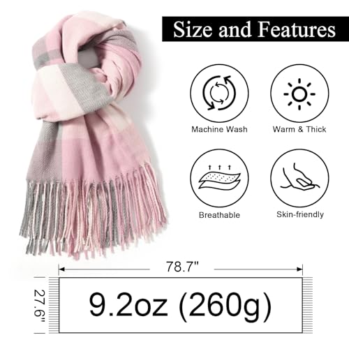 Clothirily Womens Winter Scarf, Oversized Long Blanket Plaid Shawl Wrap - color: Pink Grey Lattice