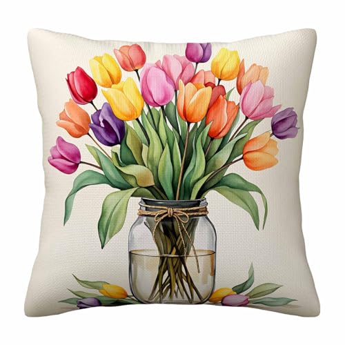 Watercolor Spring Floral Throw Pillow Cover,Colorful Tulips in Mason Jar Decorative Pillow Case,Fresh Garden Bouquet Cotton Linen Cushion Case for Home Decor 18 * 18 Inch - color: Settype04