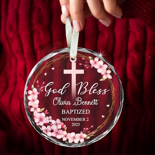 Personalized Baptism Baby Glass Ornament 2026- Custom Name God Bless Christmas - Thanksgiving - Birthday - Baby Girl - Parents - Christmas Keepsake from Godparents - color: Stylea03c