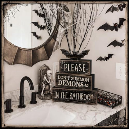 Moucuny 4 Pcs Halloween Table Decoration Gothic Bat Wooden Stacked Blocks - style: Bat & Demon