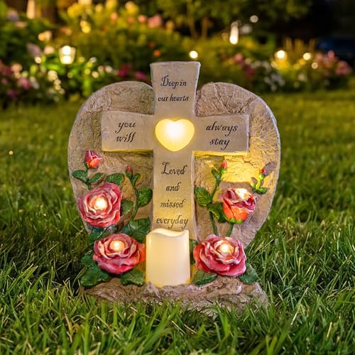 ZQQLITE Solar Lights for Cemetery Memorial Cross Statue with LED Lights & Roses, Resin Garden Grave Markers Decor, Gift for Loss of Loved One - color: Memorial Stone