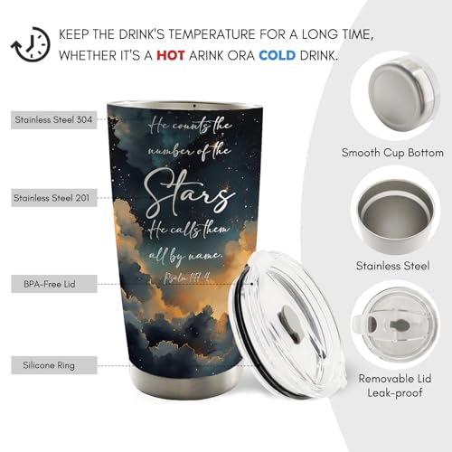 Christian 20oz Travel Coffee Mug Tumbler, Christian Gifts for Women Men, Celestial Night Sky Religious Bible Verse Stainless Steel Tumbler with Lid and Straw - color: stars