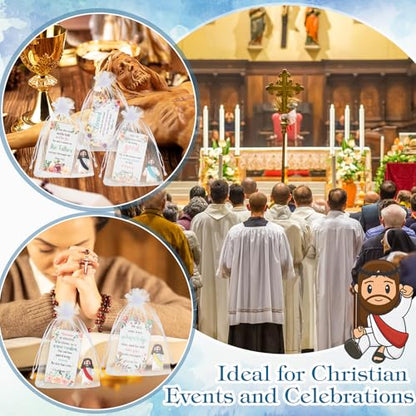 Bememo 50 Sets Bible Verse Cards Include 50 Prayer Cards, 50 Mini Rubber Jesus Figurines and 50 Organza Bags for Religious Party Favors Sunday School Baptism Gifts (Flower Style, Classic) - color: Classic, style: Flower Style