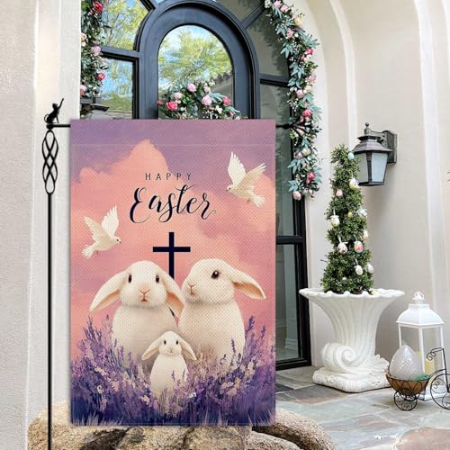 Happy Easter Garden Flag He is Risen Bunny Garden Flag Vertical Double Sided Rustic Farmland Burlap Yard Lawn Outdoor Decor 12.5x18" - color: Easter Cross #WQ444