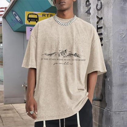 Christian Faith God Shirts for Men Jesus Bible Verse Shirt Oversized Acid Wash Tshirts Star Mountain Graphic Tees - color: Apricot, size: Medium