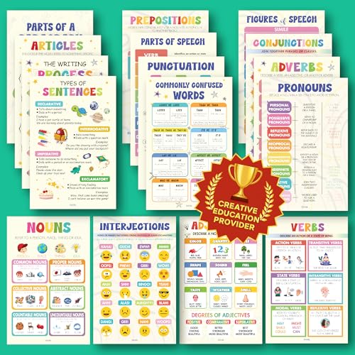 EXCOOL CLUB Parts of Speech Posters, 16 Pc 11x17 Colorful Grammar Set - color: Parts of Speech Colorful, size: 16 pcs 11x17 inch
