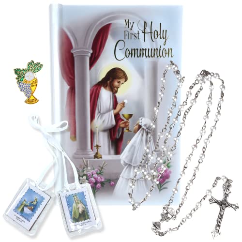 Needzo Girls First Communion Gift Set, Snap Wallet with Scapular, Rosary, Lapel Pin, and Mass Book, All in One, 4 Items