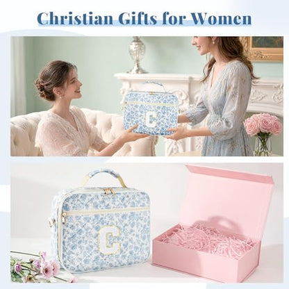 Personalized Initial Bible Cover Case for Women Bible Bag w/Study Supplies - color: Blue Flower, size: C