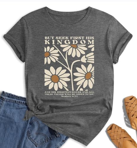 Christian Shirts for Women：Bible Verse T-Shirts Jesus God Faith Floral Graphic Vintage Boho Tees Short Sleeve Tops - color: Darkgrey Sunflower, size: Large
