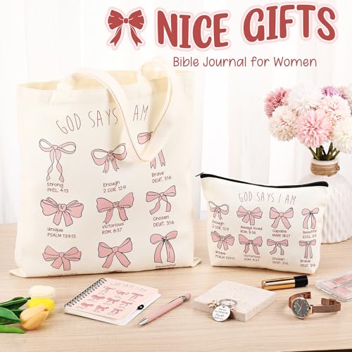 Kinlop 5 Pcs Pink Bow Tote Bag Set Canvas Cosmetic Bag Notebook Pen - color: Pink, style: Pink Bow