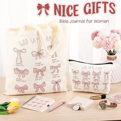Kinlop 5 Pcs Pink Bow Tote Bag Set Canvas Cosmetic Bag Notebook Pen - color: Pink, style: Pink Bow