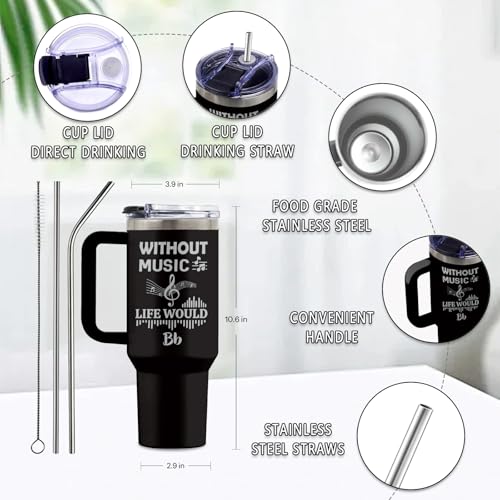 Music 40oz Tumbler, with Handle Straw, Stainless Steel Coffee Cup - color: Music Laser