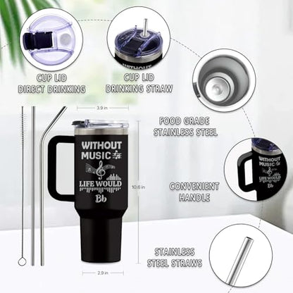 Music 40oz Tumbler, with Handle Straw, Stainless Steel Coffee Cup - color: Music Laser
