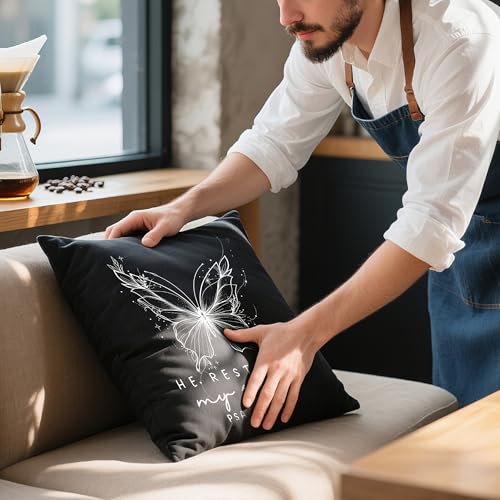Christian Psalms 23:3 Pillow Cover 18x18, Black Linen-Textured Fabric, He Restores My Soul Bible Verse Butterfly Design, Religious Present for Christian Believers & Faithful Friends - color: Black-03