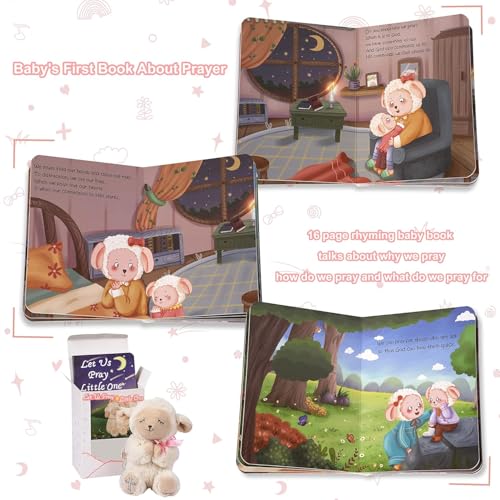 MyMateZoe Baptism Gifts for Girl, Great Christening, Dedication and Baptism Gift Set for Girl and Newborn Baby, Includes 7" Praying Lamb Plush Toy and Let Us Pray Baby Book in Keepsake Gift Box - color: Pink-lamb